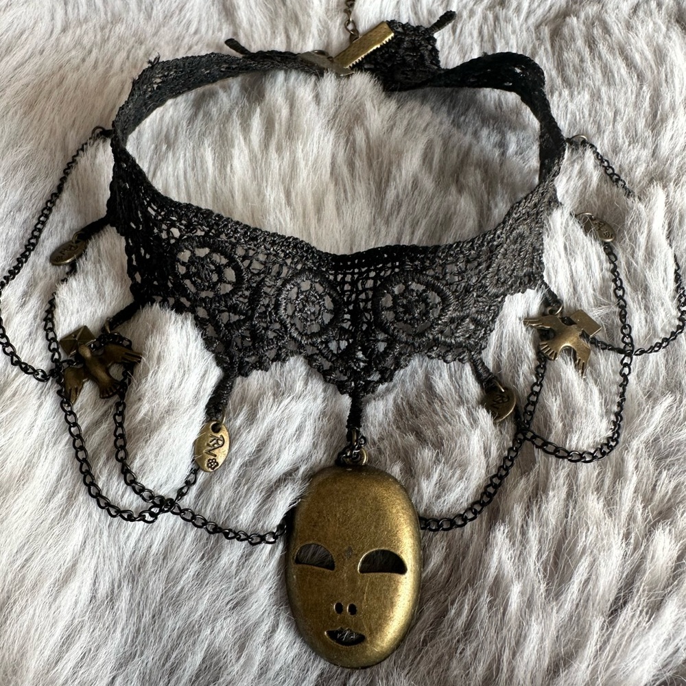Black Lace Choker with Gold Mask Pendant